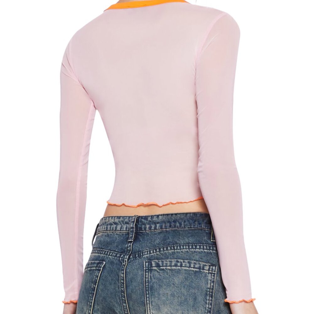 Dolls Kill Delia's Daisy Mesh Crop Long Sleeve Top Flower Floral Pink Orange Red - Picture 4 of 6